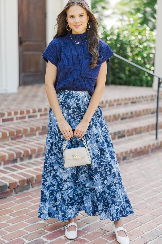 Soft skirts with plush cotton lining -How I Feel Navy Blue Floral Maxi Skirt