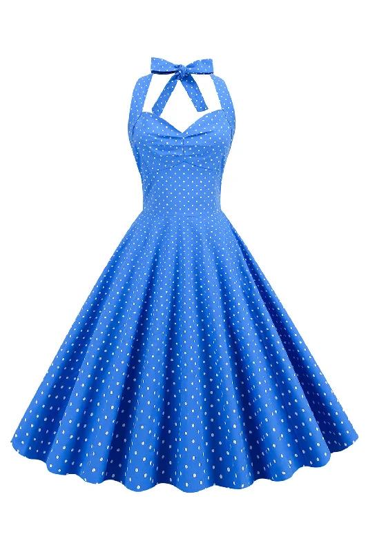 Buttoned Dresses for Stylish -Halter Neck Blue Polka Dots Vintage Dress with Backless