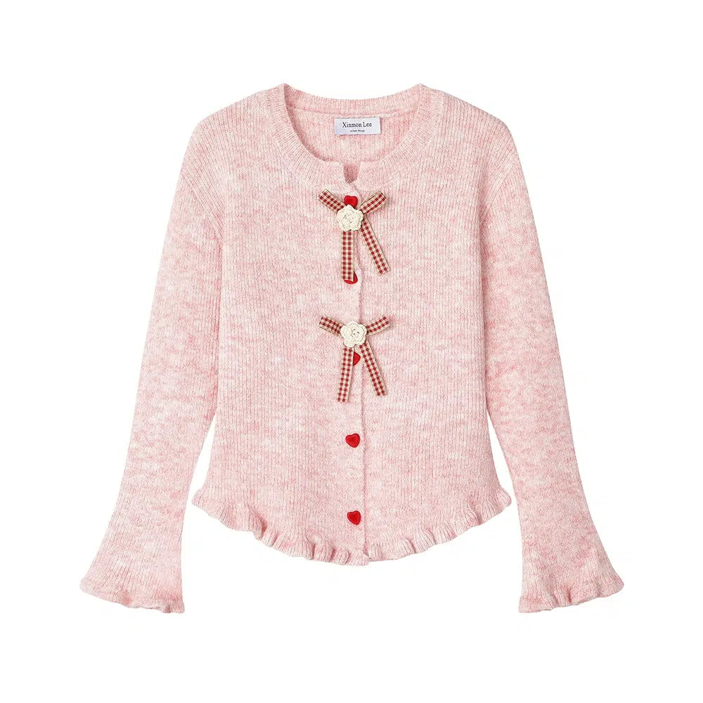 Belted cardigan to define the waist -Bow Accents Ruffled Knit Cardigan