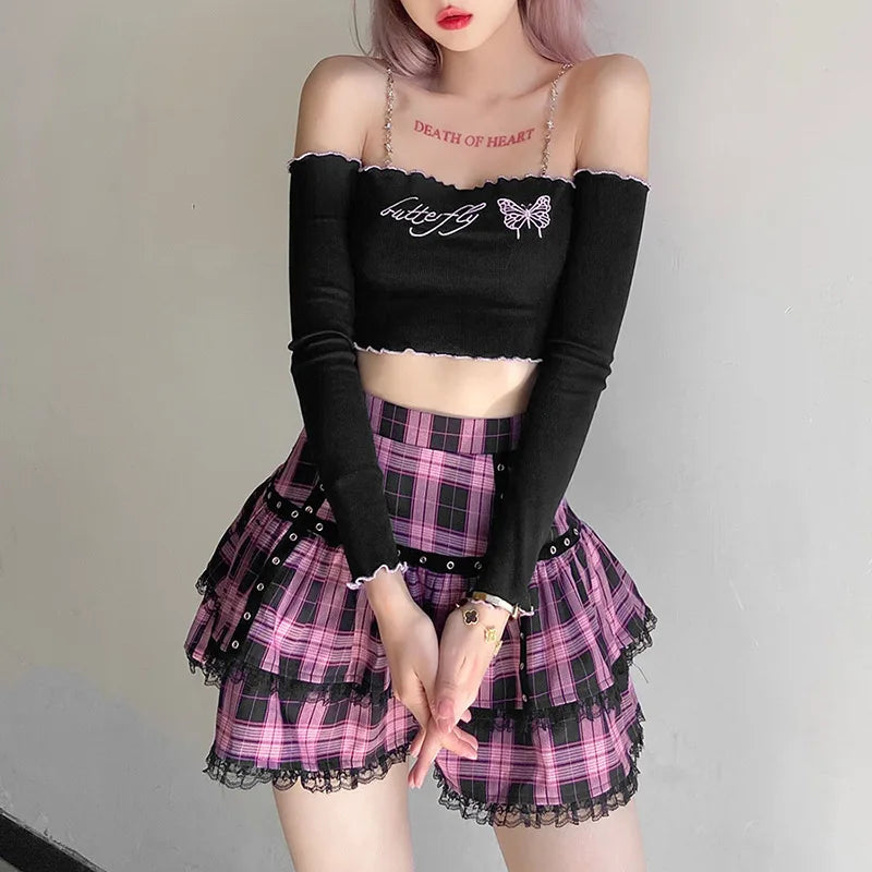 High-waisted mini skirts for retro vibes -Lolita Plaid Japanese Cake Pleated Purple Gothic Pink Harajuku Skirt