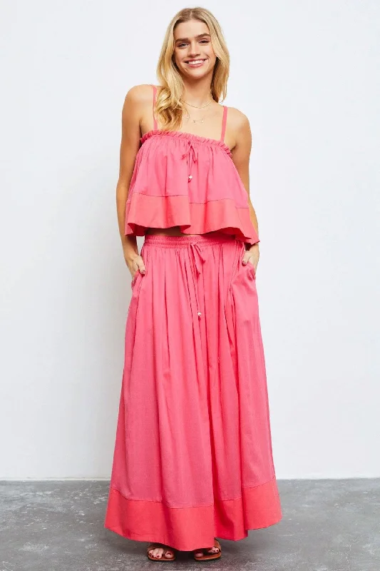 Trendy skirts with asymmetrical hem lines -Western Boho Colorblock Front Tie Elastic Waist Maxi Skirt