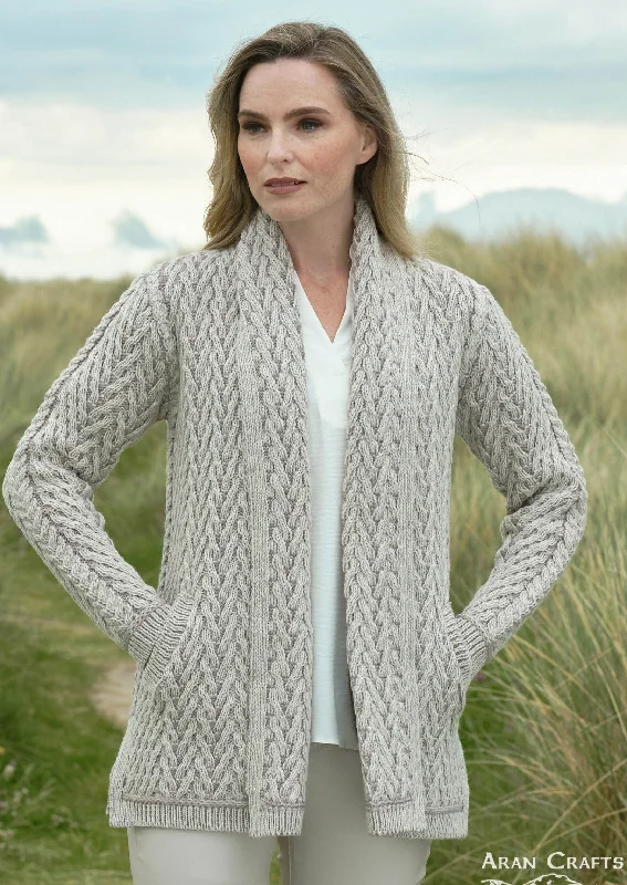 Printed cardigan with unique patterns -Herringbone Edge to Edge Aran Cardigan | Stone