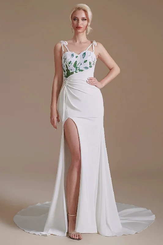 Green Dresses for Nature -White Mermaid Backless Sweep Train Wedding Dress with Appliques