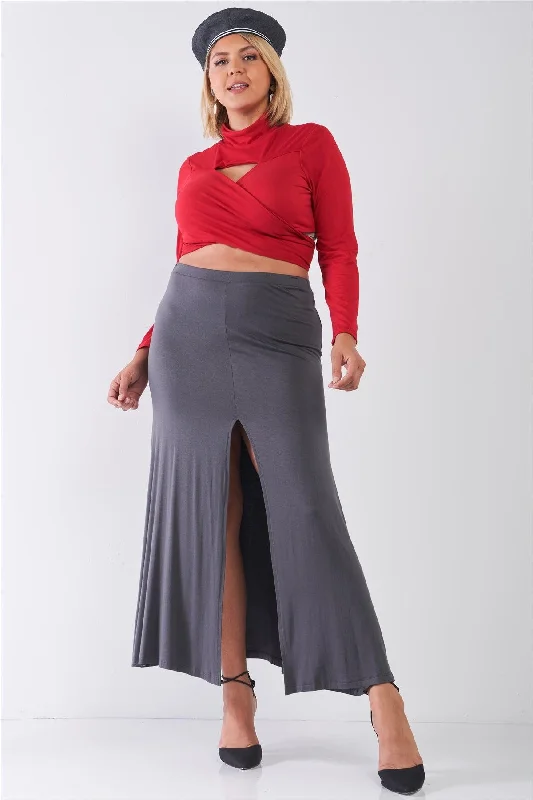 A-line skirts for classic wardrobe essentials -Plus Size Charcoal Basic Front Slit Maxi Skirt