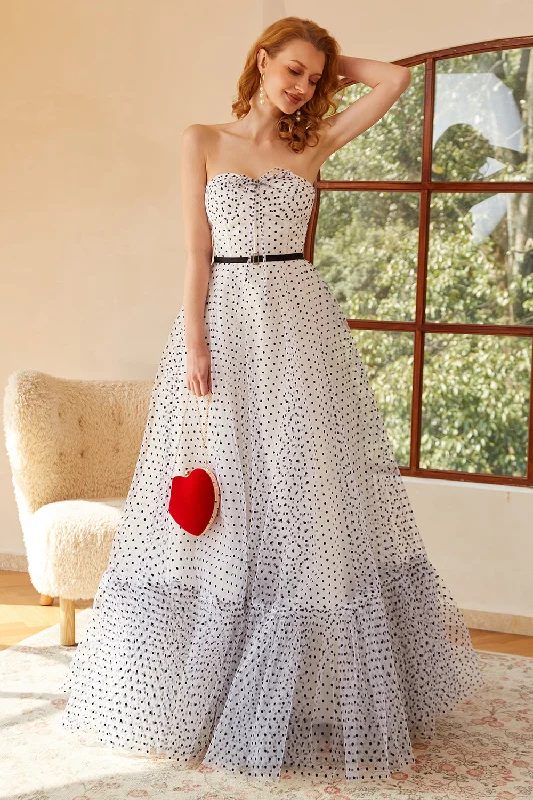 Minimalist Dresses for Simplicity -White Polka Dots Long Wedding Guest Dress with Sleeves