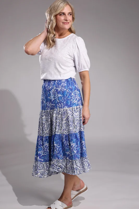 Luxury maxi skirts for dramatic flair -Elastic waist Skirt with 2 prints | Blue Blooms | 6540A1