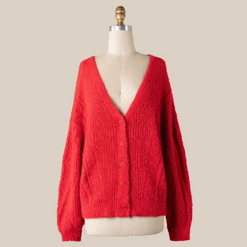 Blue - cardigan for a classic and calm look -Button Down Fuzzy Cable Knit Cardigan (Red)