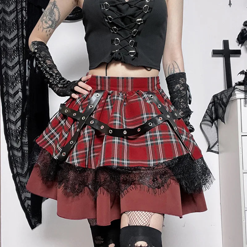 Ruffled midi skirts for delicate feminine touch -Gothic Young Girls Kawaii Outfit Y2k Harajuku Plaid Sweet Pleated Lace Skirt