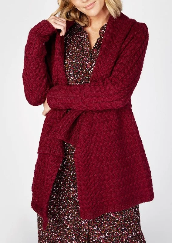 Fitted cardigan to show off curves -IrelandsEye Women's Waterfall Aran Cardigan | Claret