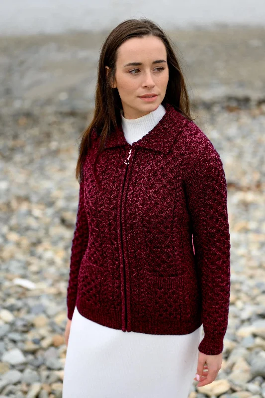 Herringbone - cardigan for a sophisticated appearance -Aran Full Zip Cardigan | Burgundy