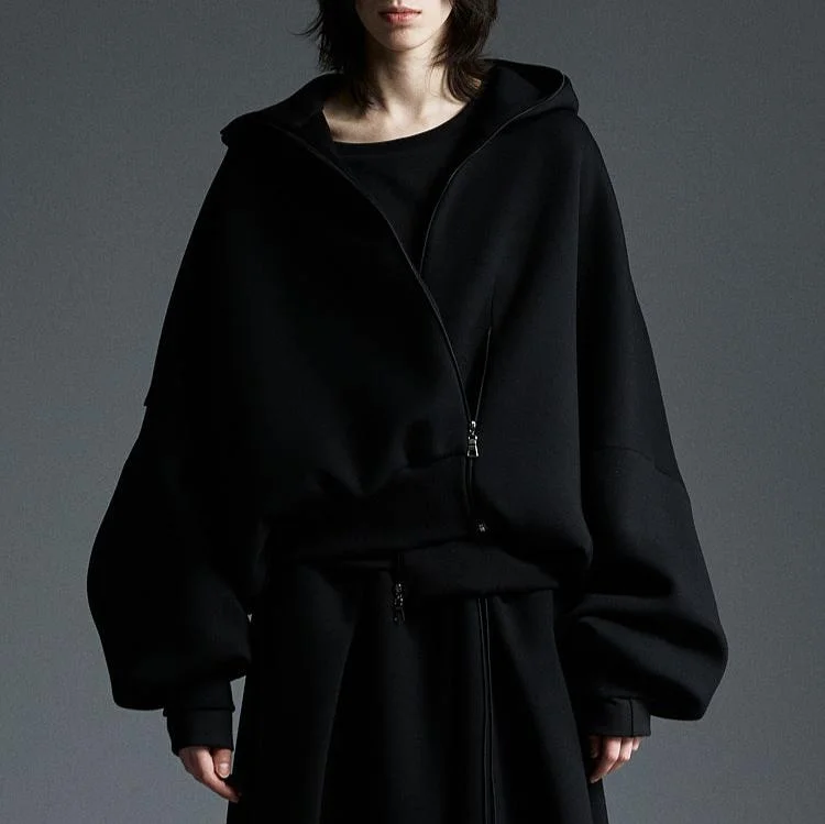 Knee - length cardigan for an elegant look -Neoprene Zip-Up Hoodie Cardigan Black