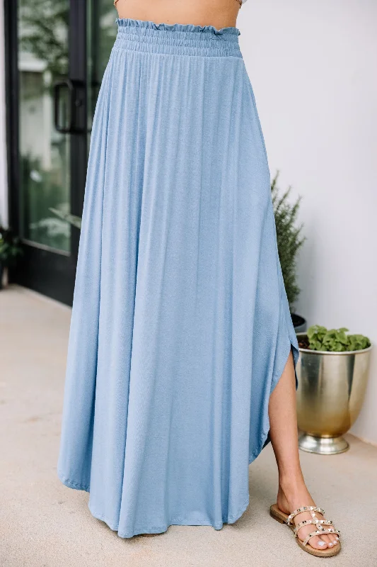 Wrap skirts with tie-front detail charm -It's A Lovely Day Chambray Blue Maxi Skirt