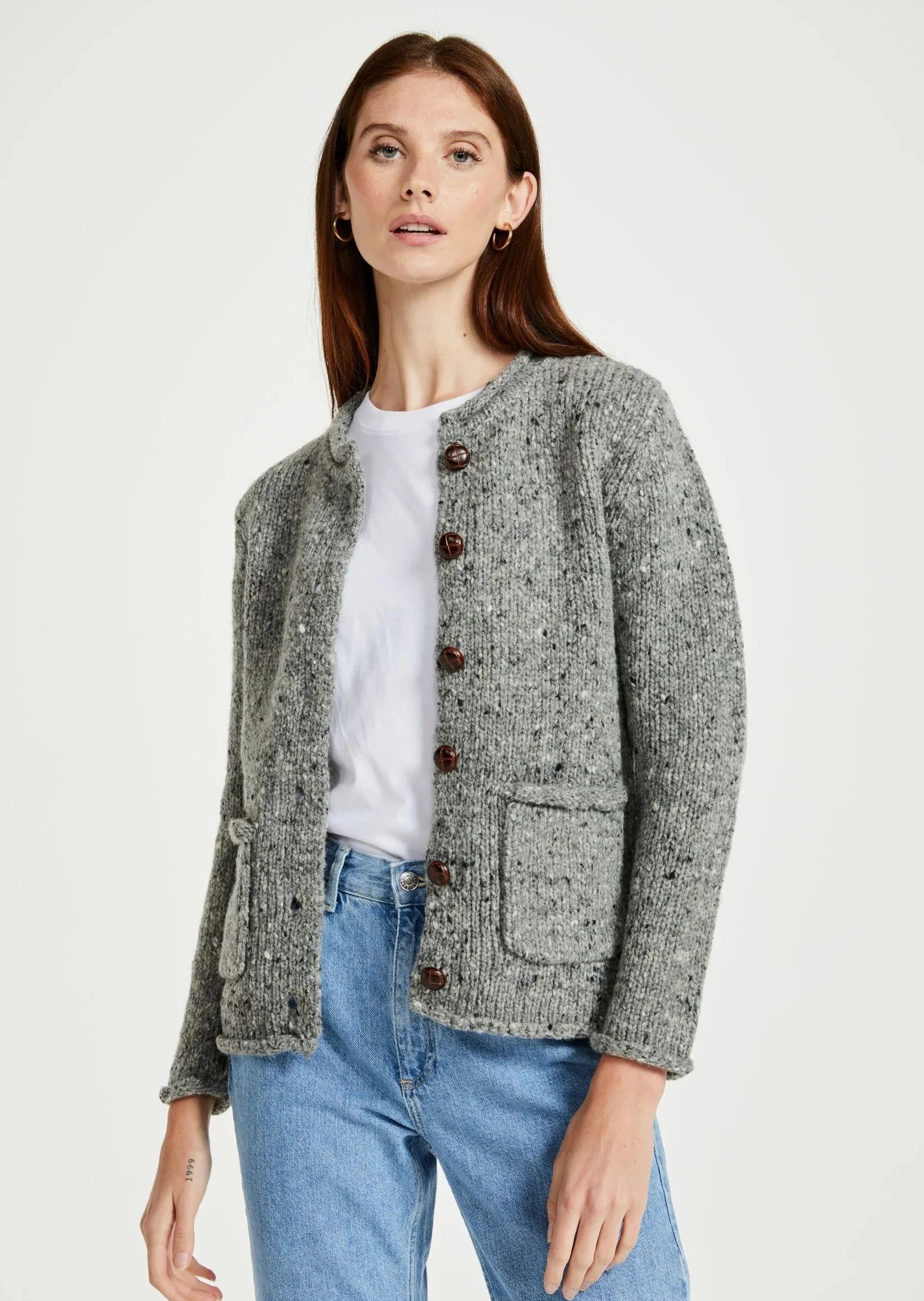 Round - neck cardigan for a cute appearance -Ladies Donegal Wool Cardigan | Grey