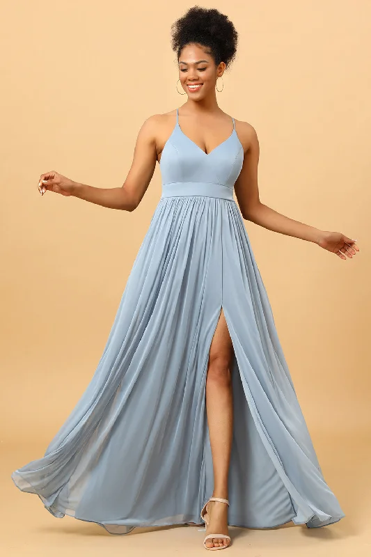 Embroidered Dresses for Detailed -Dusty Blue A-Line Long Chiffon Bridesmaid Dress with Slit