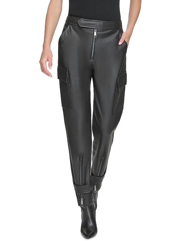 Smart casual tight trousers for women with cuffed ankle and tailored design -Womens Faux Leather High Rise Cargo Pants