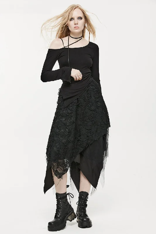 High-waisted skirts for slimming chic style -Women's Half Style Burnt Tattered Black Mesh and Dry Fashion Butterfly Asymmetrical Skirt