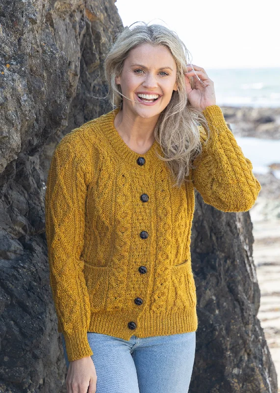 Bohemian - style cardigan for a free - spirited look -Inagh Ladies Aran Cardigan | Mustard