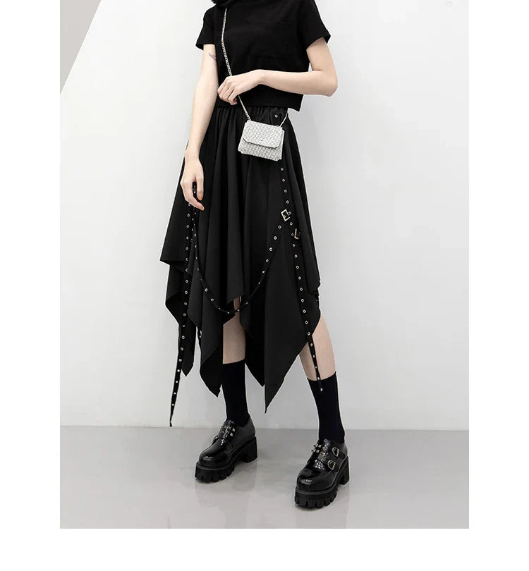 Classic black maxi skirts for versatility -Long Weave Irregular Street Dark Tie Wind Y2k Buckle Skirt