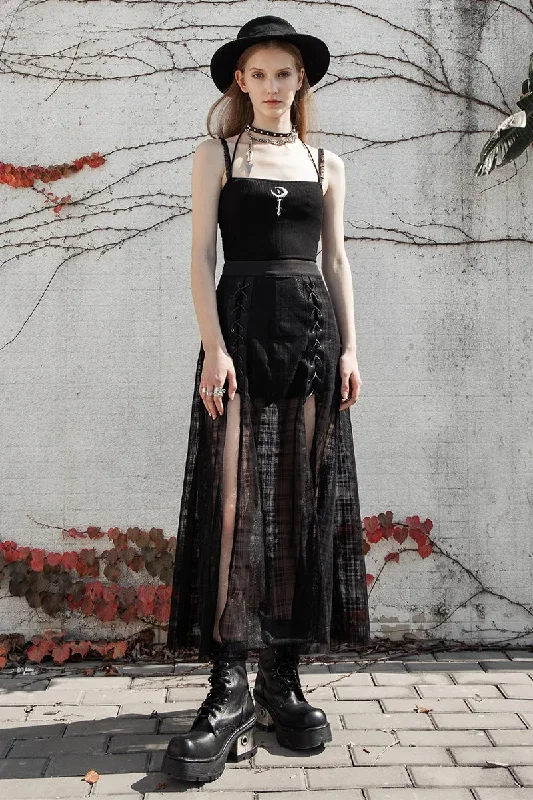 Classic skirts with subtle texture weave -Women's Forks Pantskirt Sexy Gothic Casual Mid-length A Elastic Waist Grid Mesh Daily Long Shape Skirt