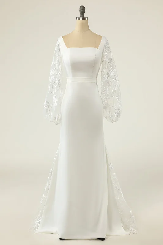 Sheath Dresses for Sophisticated -White Mermaid Long Sleeves Wedding Dress