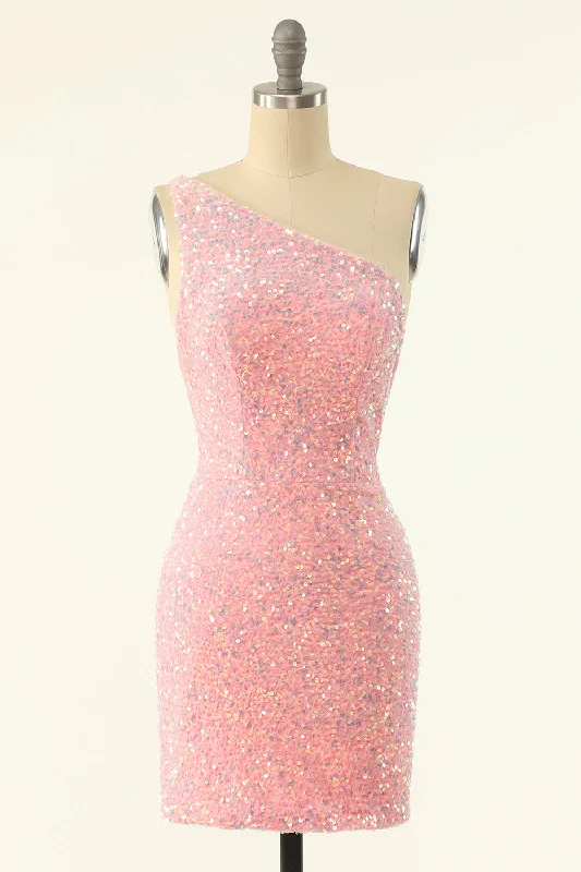 Faux Leather Dresses for Affordable -Pink One Shoulder Sequins Tight Homecoming Dress