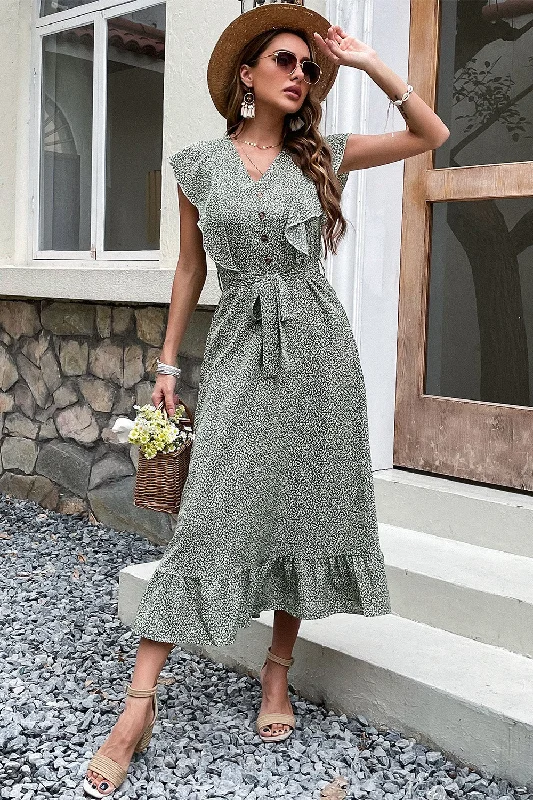 Ball Gown Dresses for Glamour -V Neck High Waist Green Summer Dress