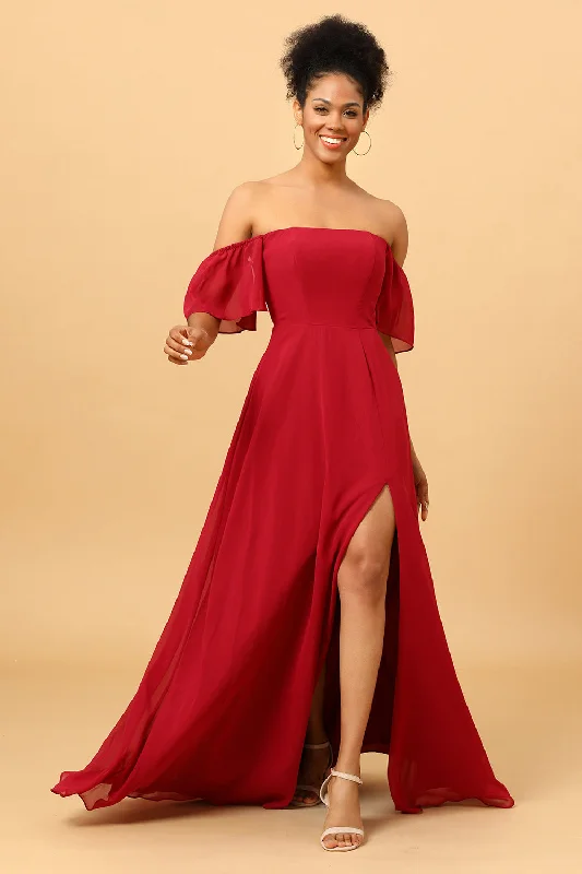 Buttoned Dresses for Stylish -Burgundy Off the Shoulder Chiffon Bridesmaid Dress with Slit