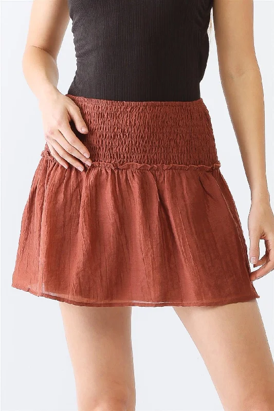 Stretchy skirts for all-body inclusivity -Crinkled Smocked Ruffle High Waist Mini Skirt