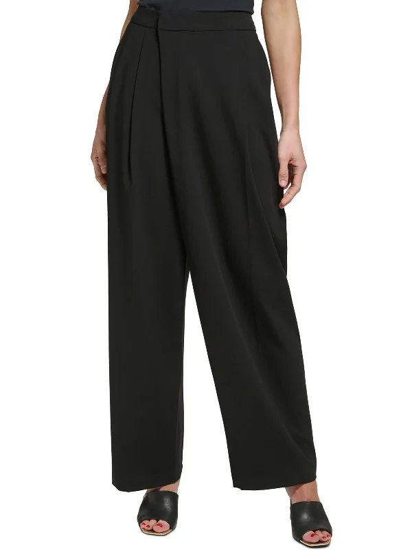 Elegant tight trousers for women with high-quality wool fabric for refined look -Petites Womens High-Rise Draped Wide Leg Pants