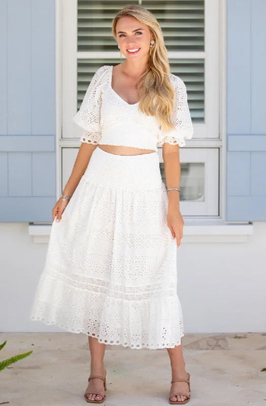 Pleated midi skirts for elegant everyday looks -Cape Skirt / White Eyelet