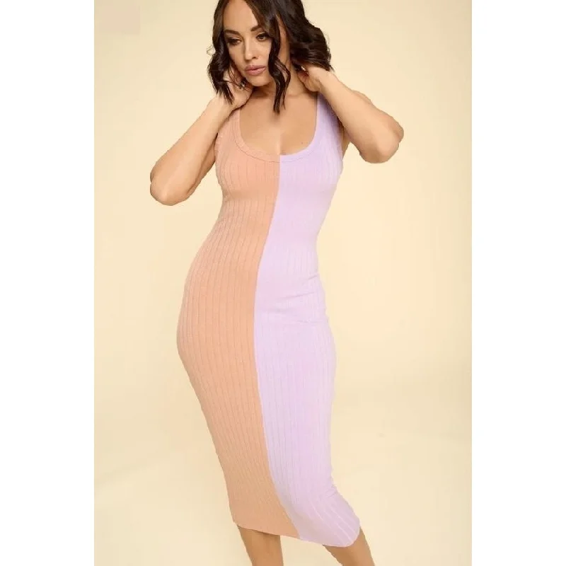 Pencil Dresses for Slimming -Casual Fashion Women's Tan Lilac Scoop Neck Sleeveless Two-tone Midi Dress