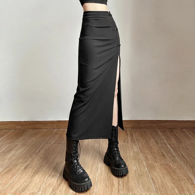 Pleated skirts with delicate pastel tones -Black Long Mid-length Slits Slim Solid A-line Waist High Sexy Streetwear Women Hip-covering Skirt