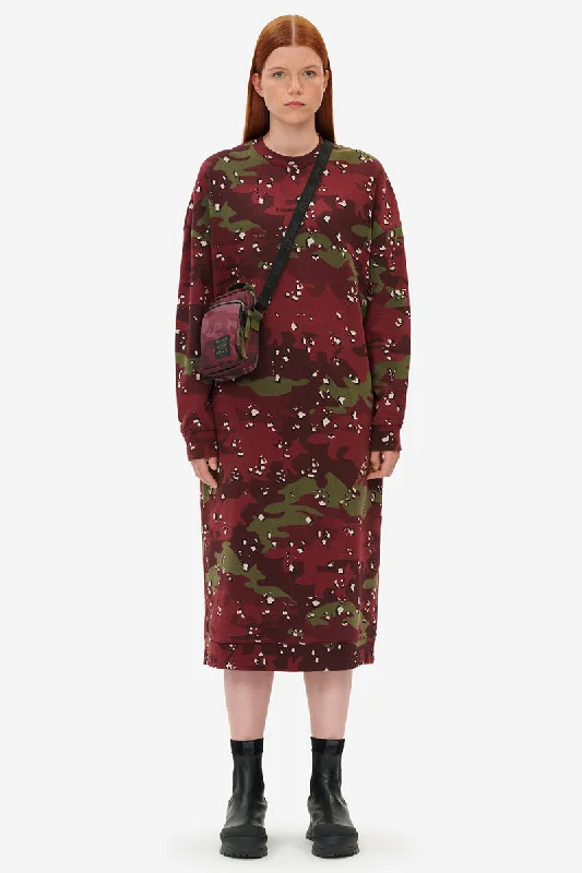 Tiered Dresses for Voluminous -MAISON KITSUNÉ CAMO FOX LONG SWEAT DRESS WINE LEES DESIGN