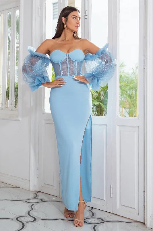 Wool Dresses for Warmth -Sheath Off the Shoulder Sky Blue Prom Dress Long Sleeves