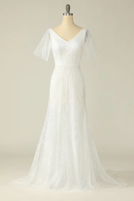 Retro Dresses for Throwback -White V Neck Lace Wedding Dress