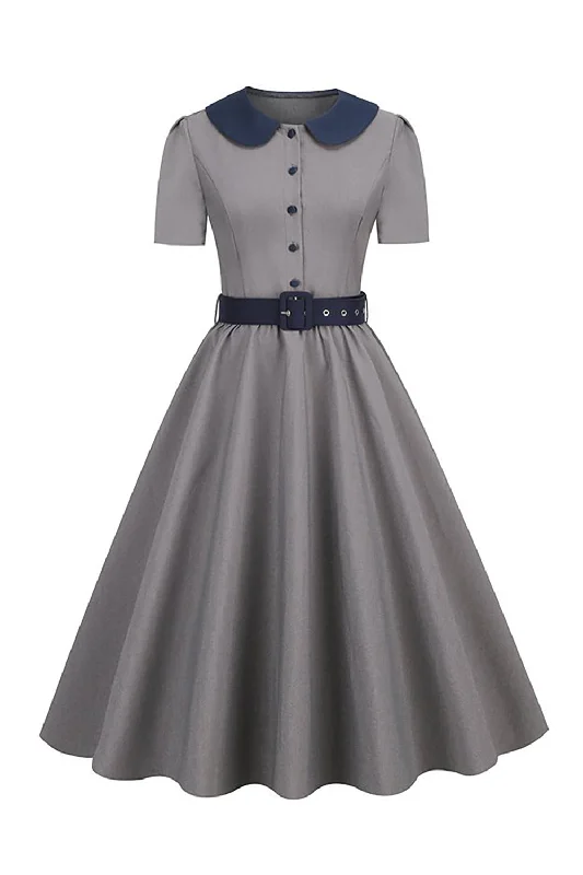 Patchwork Dresses for Bohemian -Peter Pan Collar Grey 1950s Dress with Belt