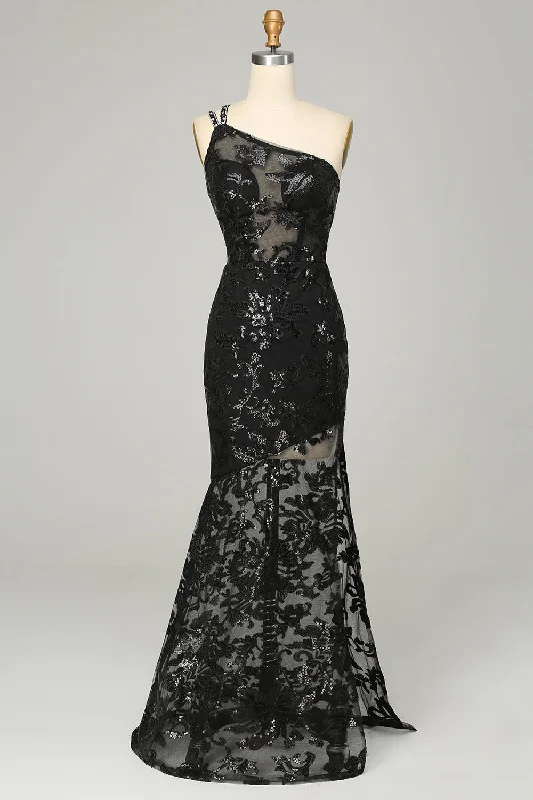 Retro Dresses for Throwback -Sheath One Shoulder Backless Black Lace Long Prom Dress