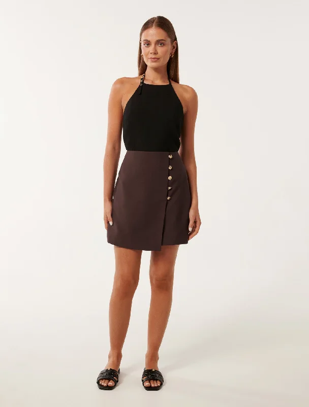 Ruffled midi skirts for delicate feminine touch -Jordyn Button Detail Wrap Skirt