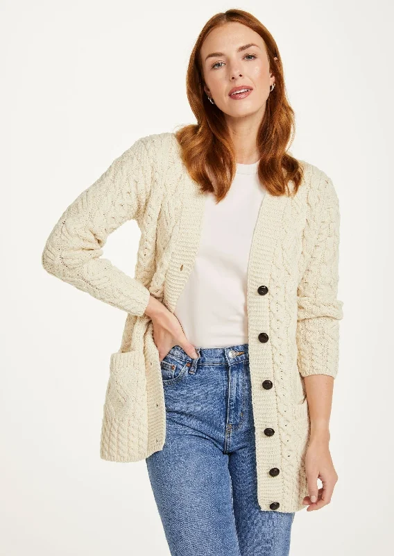 Cable - knit cardigan with classic patterns -Glebe Aran Long Line Cardigan | Natural