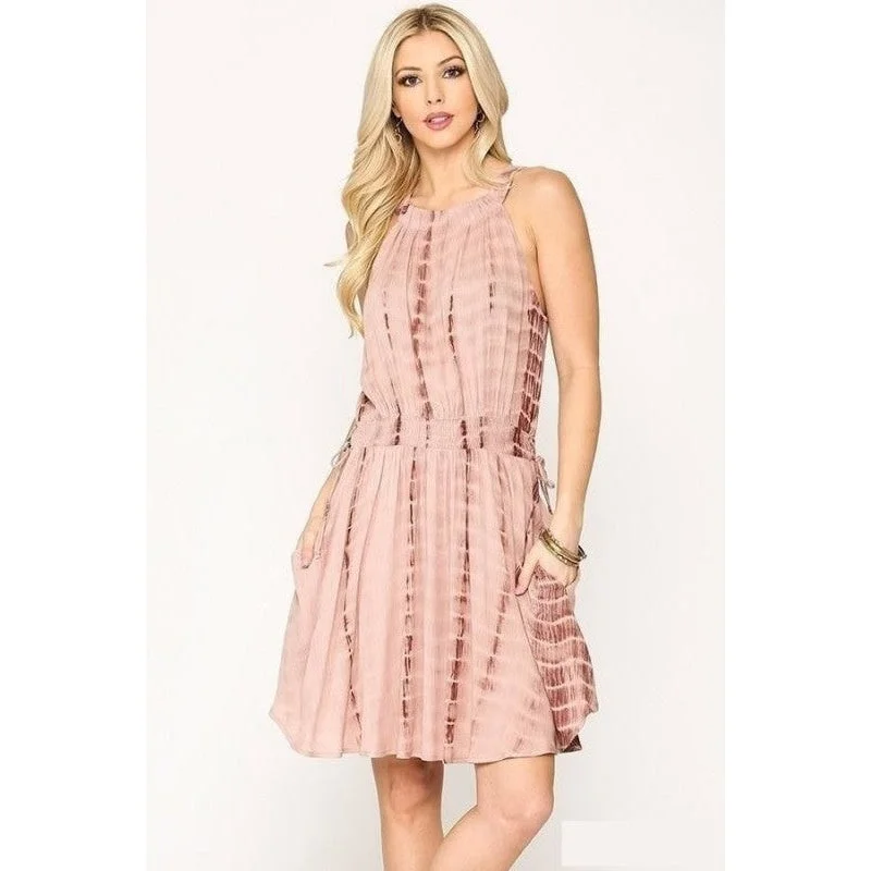 Maxi Dresses for Elegant Style -Rose Blush Tie Dye Halter Neck Waist Smocked Dress with Side Tie and Pockets