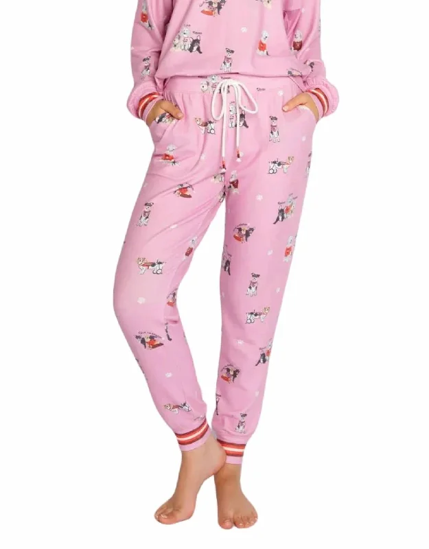 Pleated tight trousers for women with vintage-inspired design and modern twist -My Favorite Breed Dog Print Pj Pant In Pink Orchard