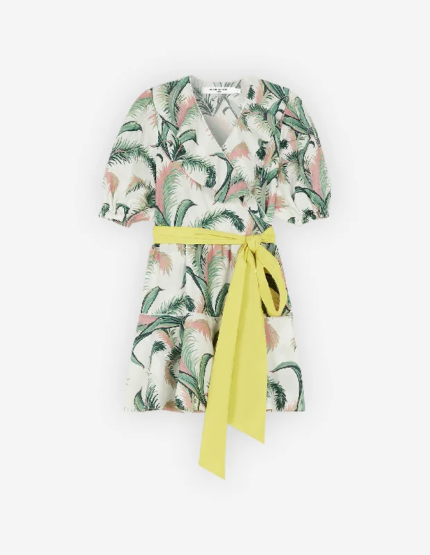 Belted Dresses for Shaping -Palm Frond Print Wrap Mini Dress Multico Design