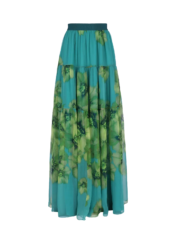 Soft linen skirts for gentle warm wear -floral-print silk-chiffon tiered maxi skirt