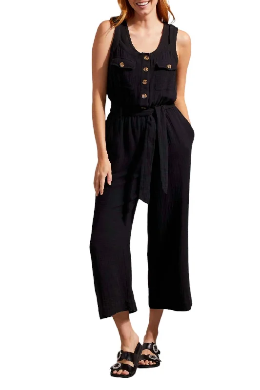 Urban tight trousers for men with street-style influence and sharp tailoring -Jumpsuit With Sash And Pockets Button Front In Black