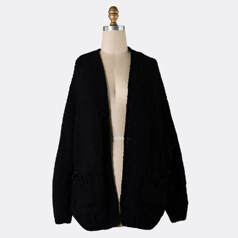 Neon - cardigan for a bold and eye - catching look -Chunky Chenille Cable Knit Cardigan (Black)