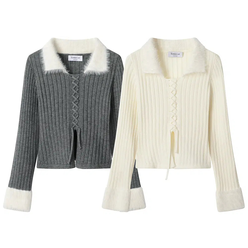 V - neck cardigan to elongate the neck -Faux Fur Collar Ribbed Knit Cardigan