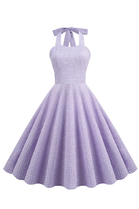 Solid Color Dresses for Simple -Lavender Halter Plaid Vintage Dress