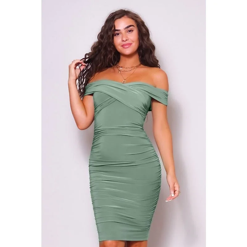 Black Dresses for Versatile -Sexy Women's Green High Stretch Off Shoulder Ruched Midi Dress