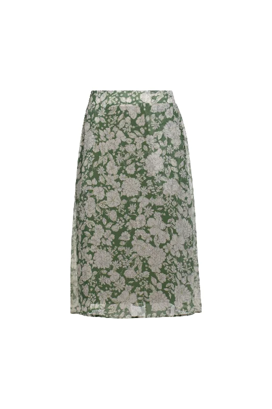 Midi pencil skirts for polished business attire -Printed Chiffon pull on Skirt | Green Wht Lurex Flower | 8558AR