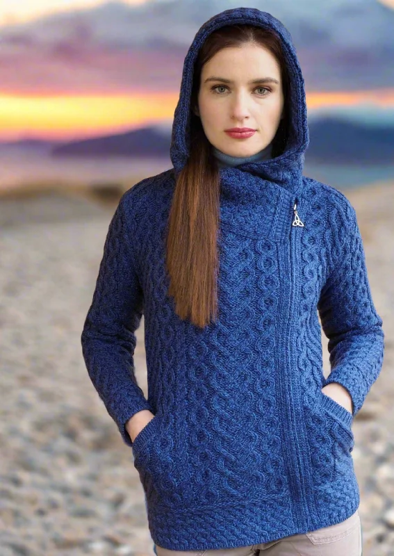 Wool cardigan for winter outdoor activities -Aran Crafts Side Zip Hooded Cardigan | Blue